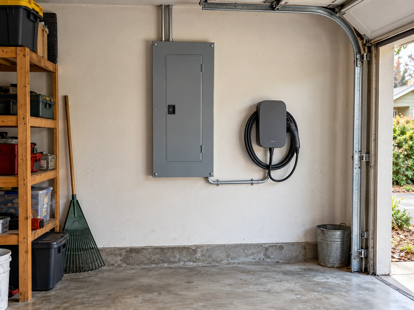 Illustrative home garage with a closed electrical panel and wall-mounted EV charger